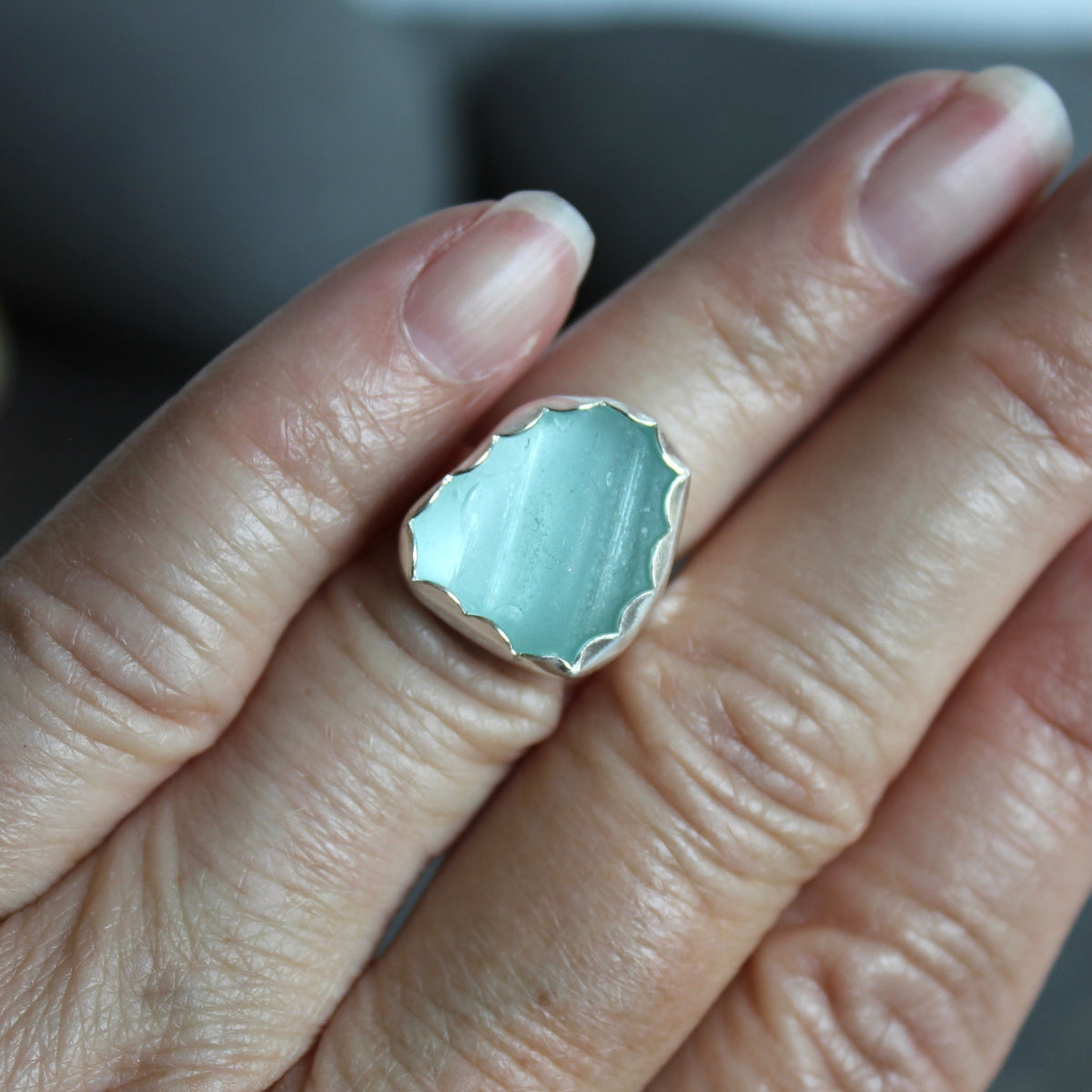 Pale Turquoise Blue Sea Glass Ring | Handmade | Sterling Silver | Size 5 1/4
