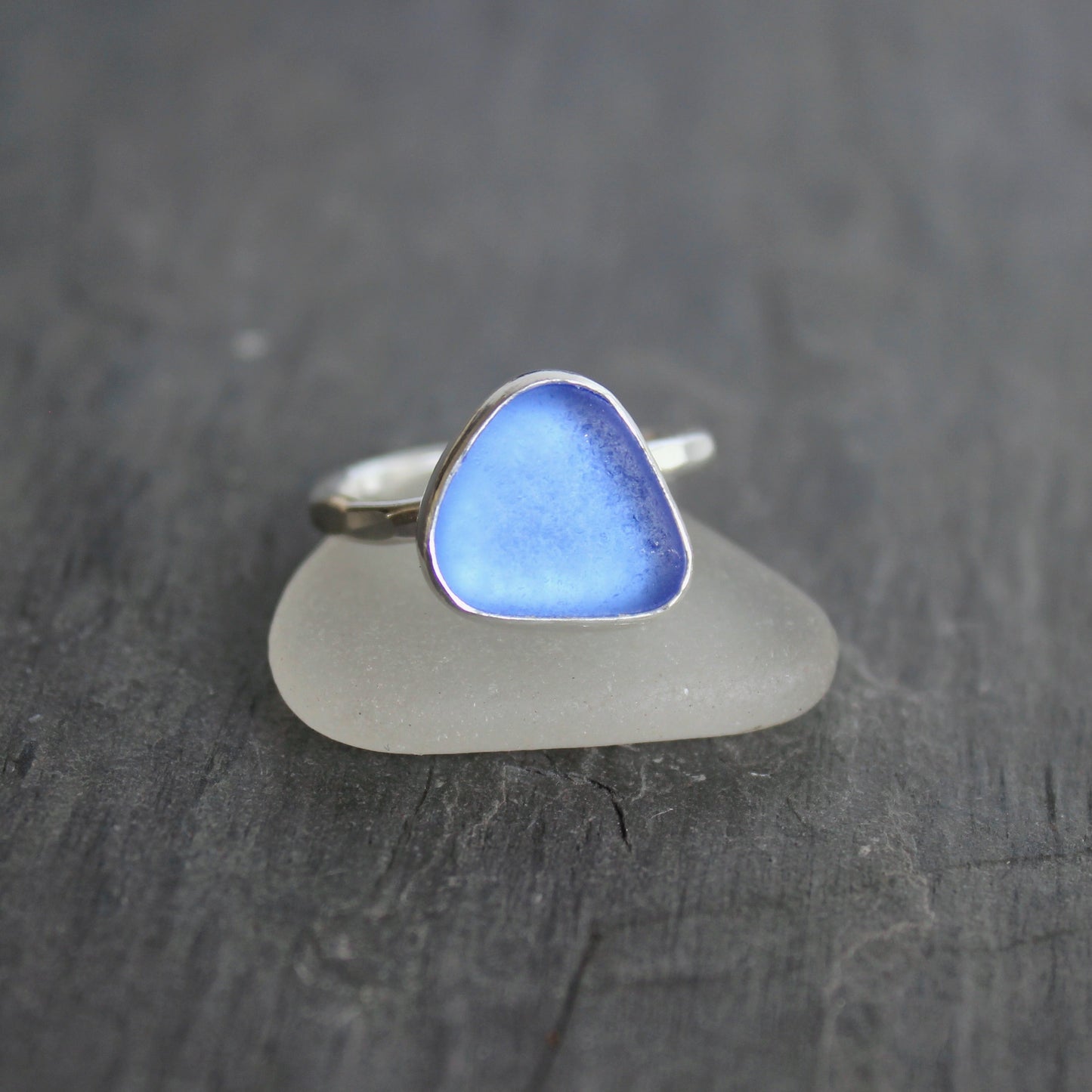 Dainty Cornflower Blue Sea Glass Ring | Handmade | Sterling Silver | Size 6