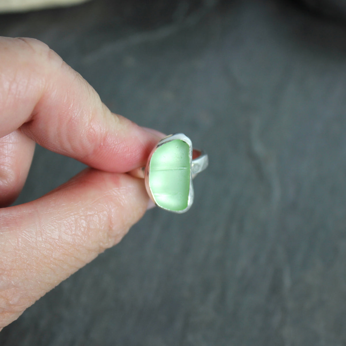 Pale Yellow UV Uranium Sea Glass Ring | Sterling Silver | Handmade | Size 7 3/4