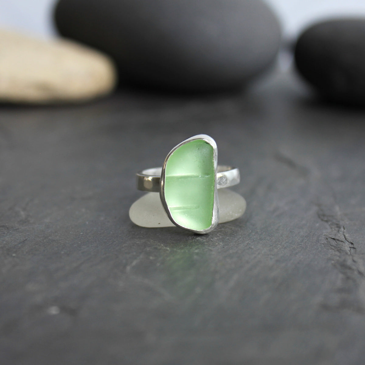 Pale Yellow UV Uranium Sea Glass Ring | Sterling Silver | Handmade | Size 7 3/4
