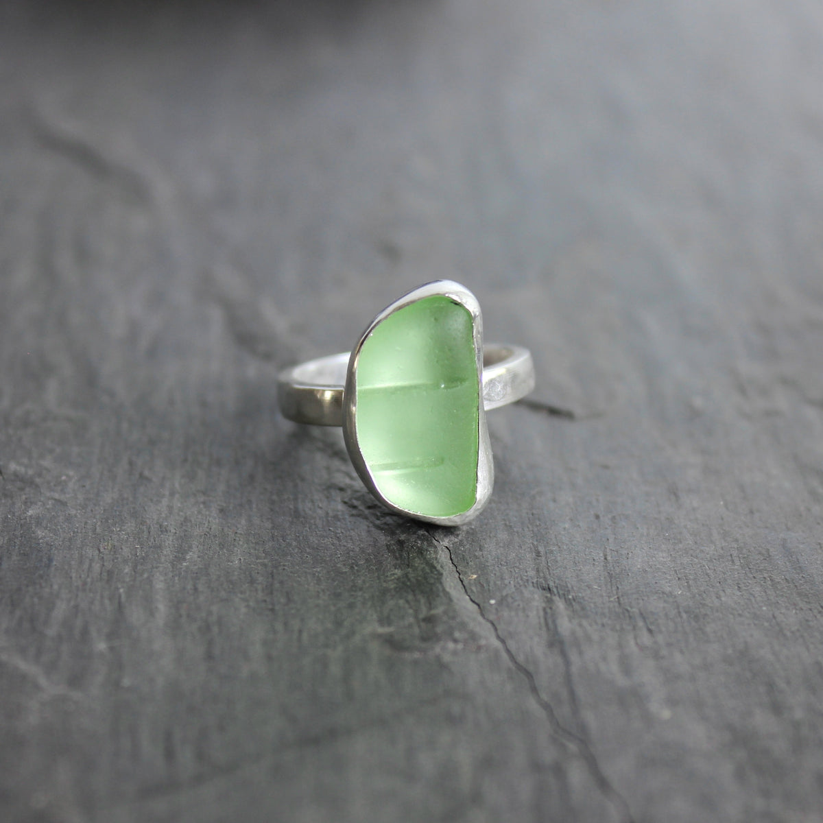 Pale Yellow UV Uranium Sea Glass Ring | Sterling Silver | Handmade | Size 7 3/4