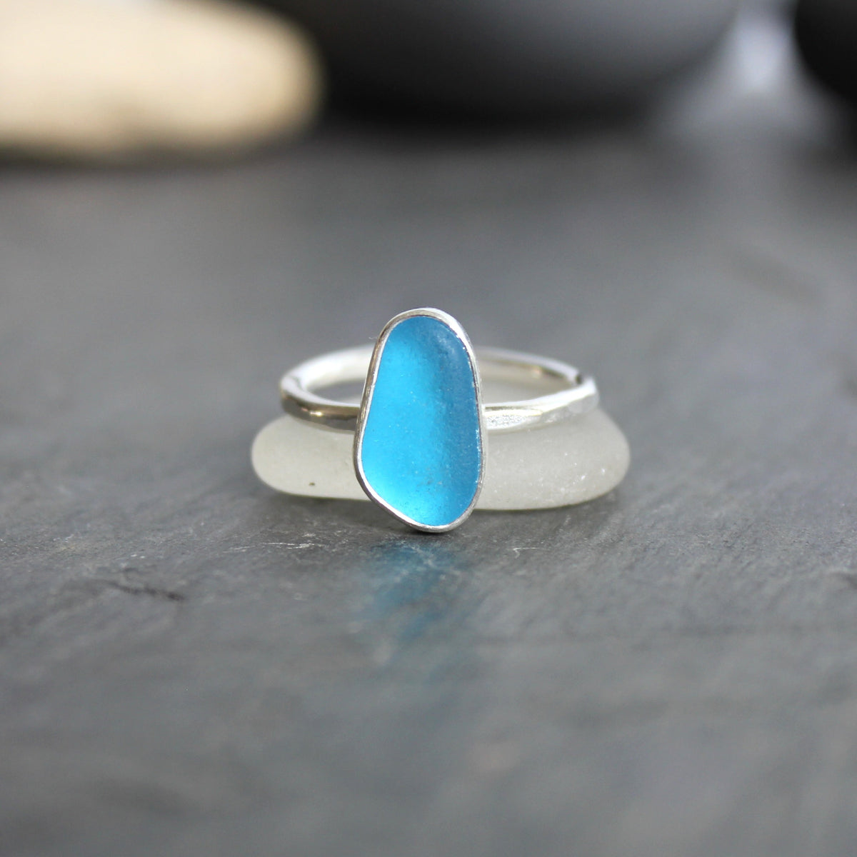 Bright Electric Blue Sea Glass Ring | Handmade | Sterling Silver | Size 7 3/4
