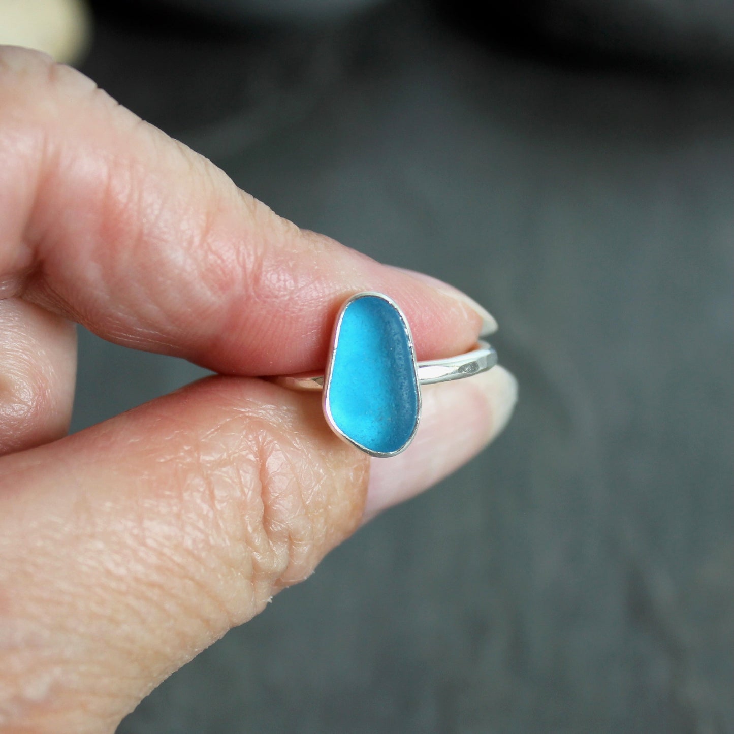 Bright Electric Blue Sea Glass Ring | Handmade | Sterling Silver | Size 7 3/4