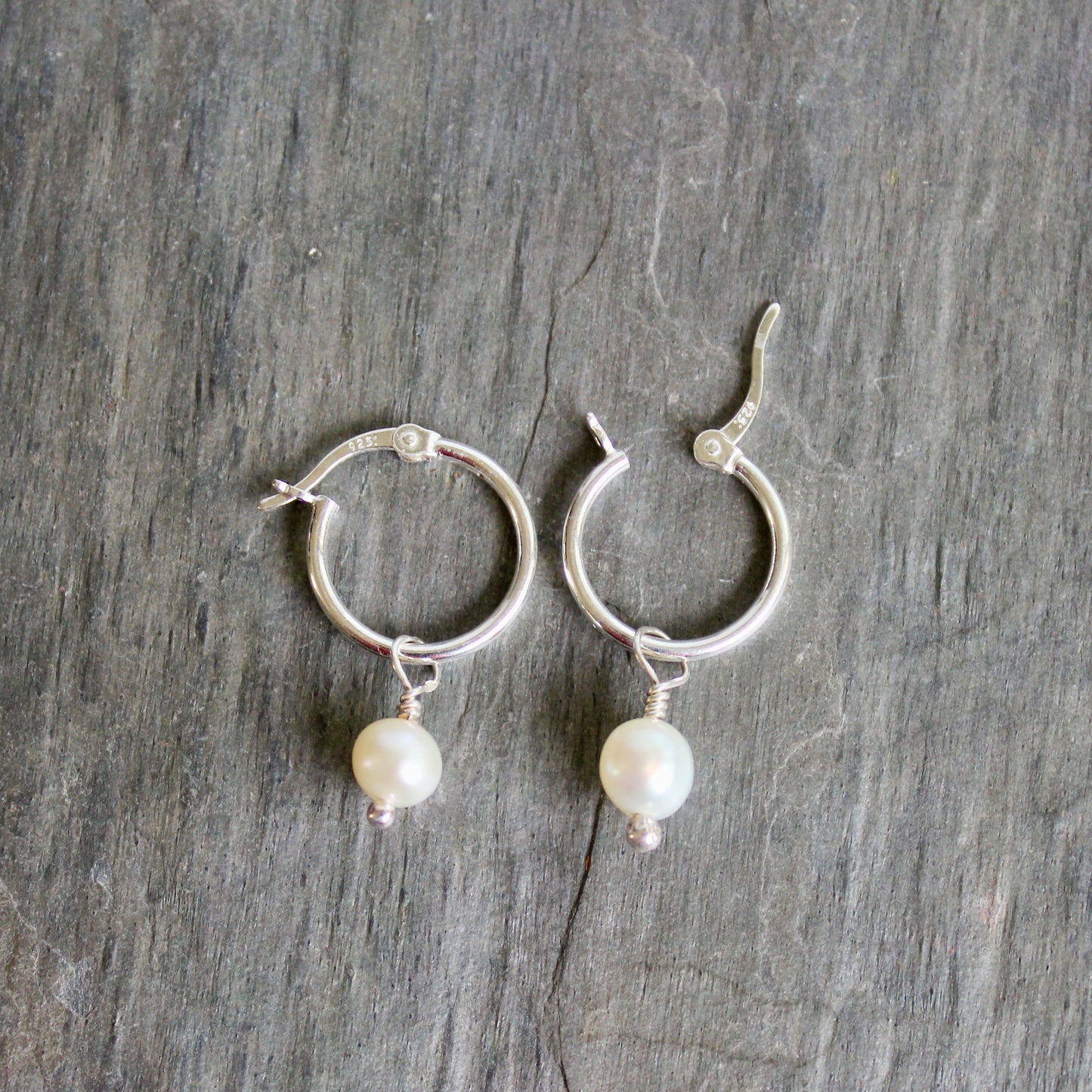 Sterling Silver Hoop Earrings with Freshwater Pearl Drop 15mm | Handmade | Sterling Silver