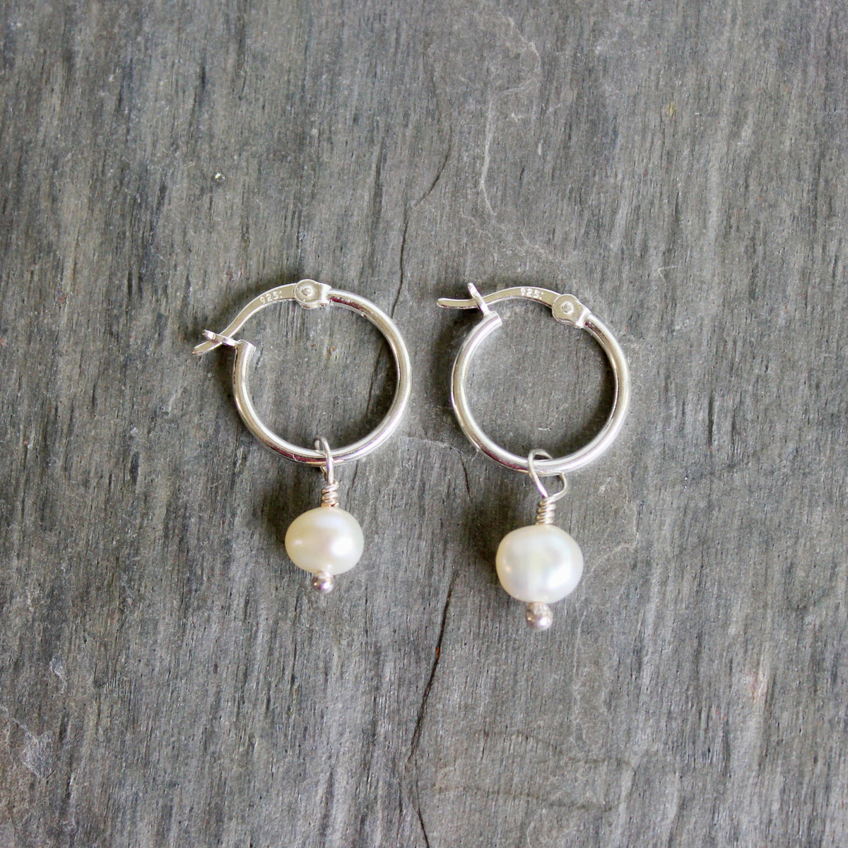 Sterling Silver Hoop Earrings with Freshwater Pearl Drop 15mm | Handmade | Sterling Silver