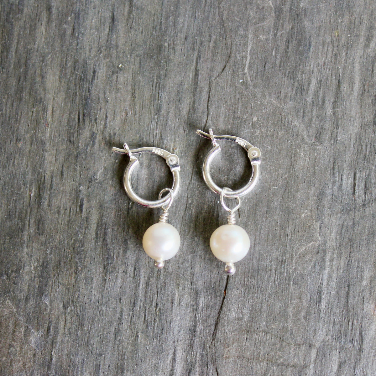 Sterling Silver Hoop Earrings with Freshwater Pearl Drop 10mm | Handmade | Sterling Silver