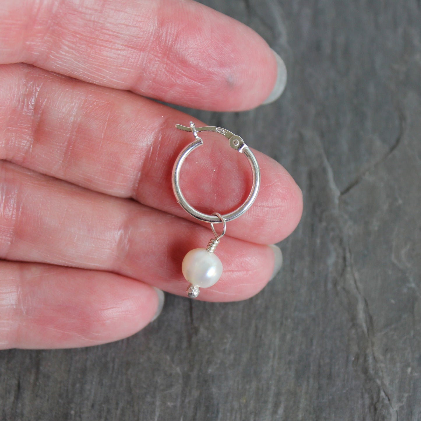 Sterling Silver Hoop Earrings with Freshwater Pearl Drop 15mm | Handmade | Sterling Silver