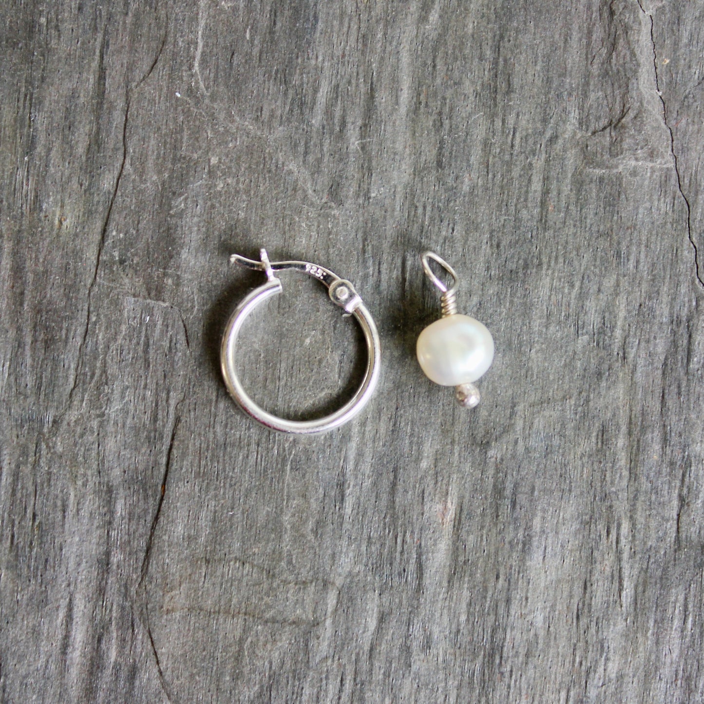 Sterling Silver Hoop Earrings with Freshwater Pearl Drop 15mm | Handmade | Sterling Silver