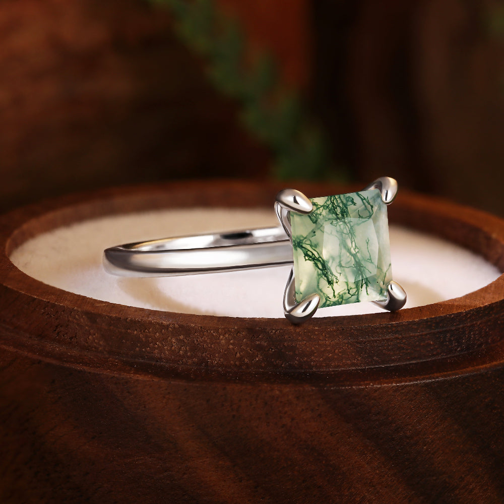 Nature Inspired 8x8mm Princess Cut Moss Agate Solitaire Engagement Ring