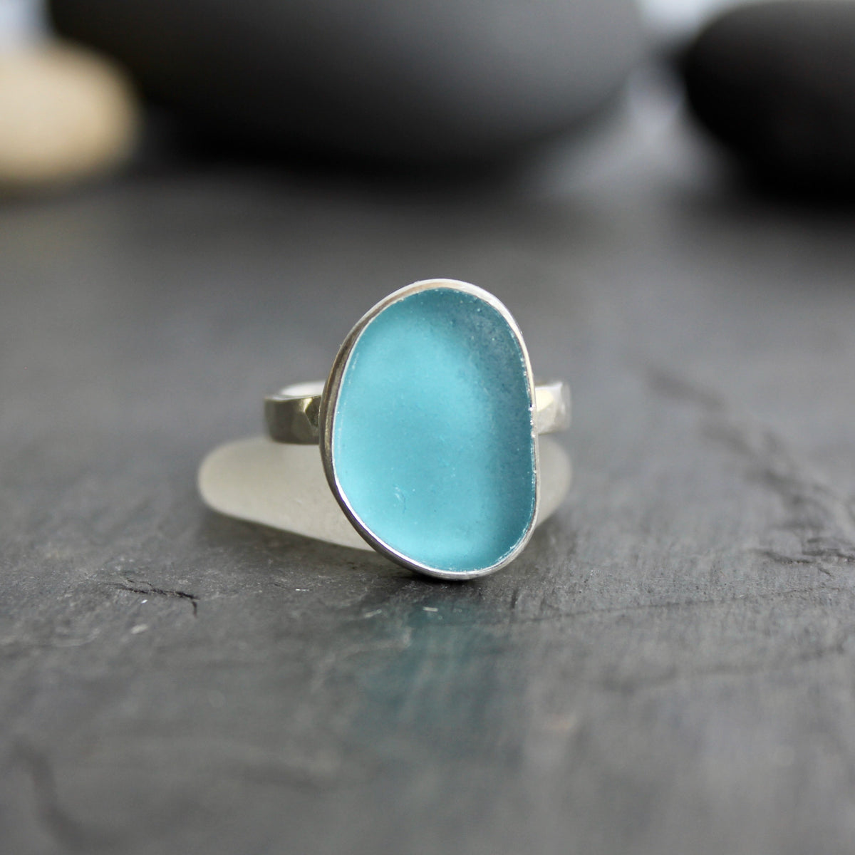 Aqua Turquoise Blue Sea Glass Ring | Handmade | Sterling Silver | Size 8 1/2