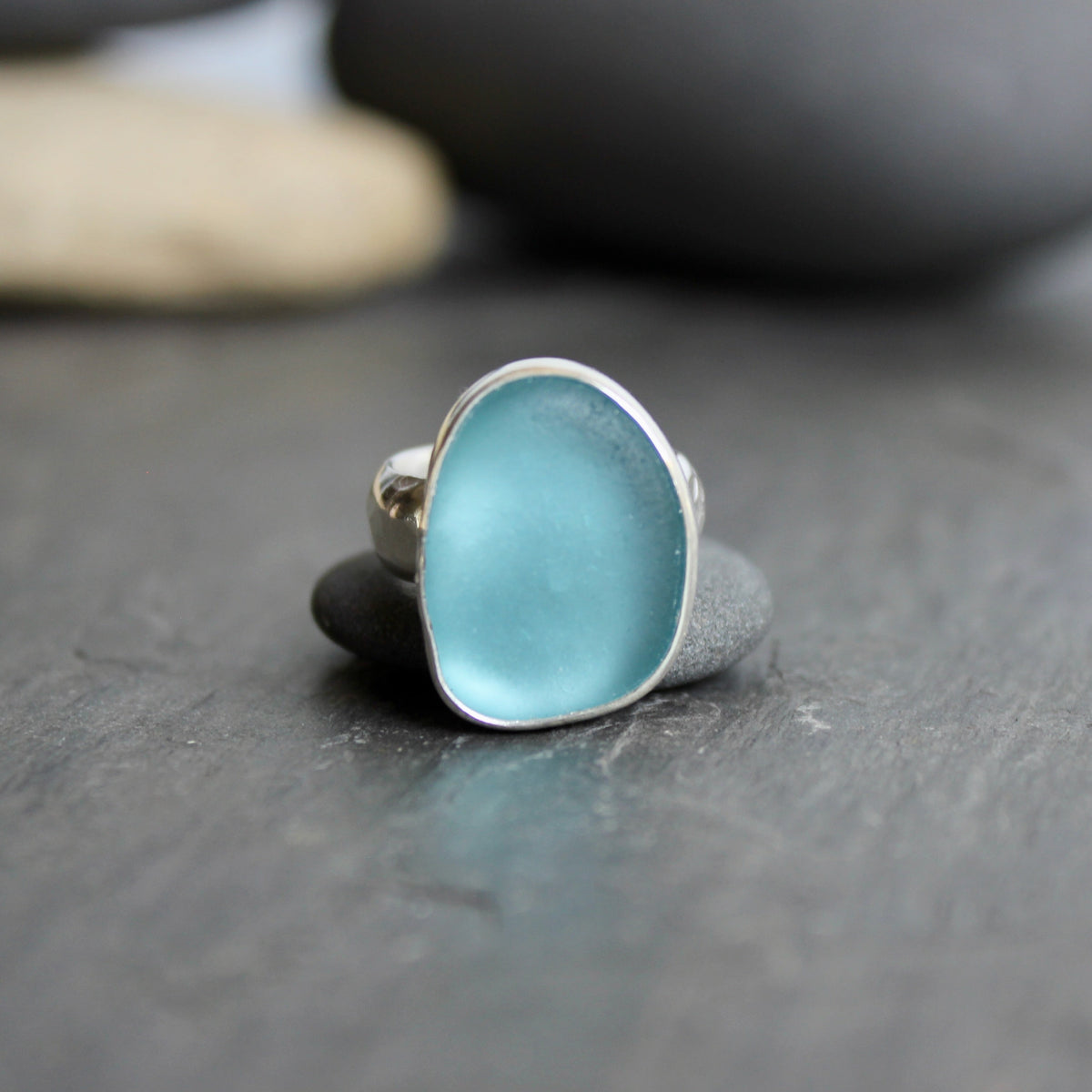 Small Size Turquoise Blue Sea Glass Ring | Handmade | Sterling Silver | Size 4 1/2
