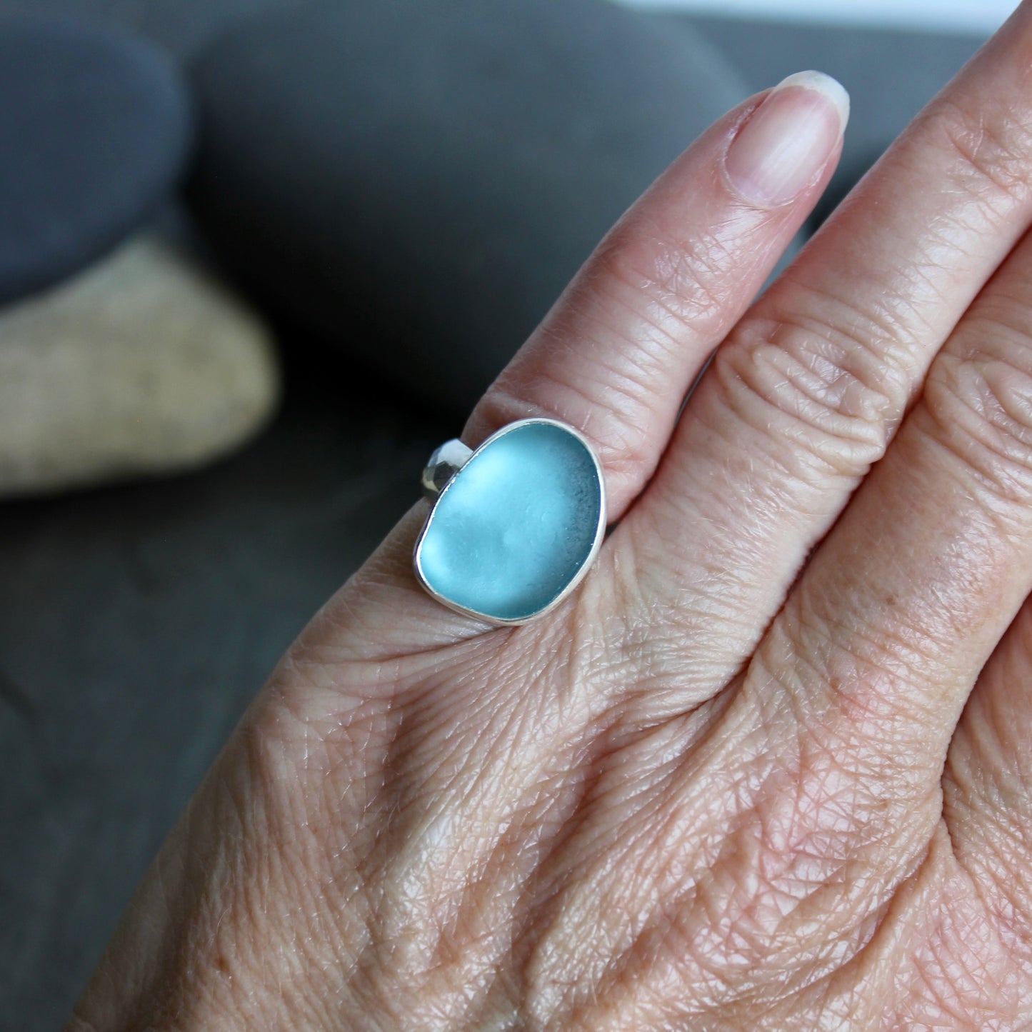 Small Size Turquoise Blue Sea Glass Ring | Handmade | Sterling Silver | Size 4 1/2