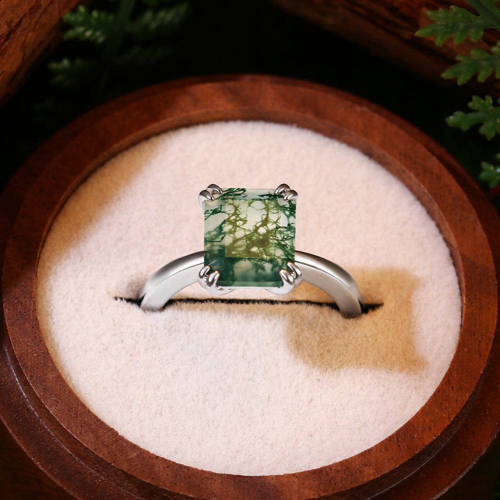 8x10mm Emerald Cut Moss Agate Unique Nature Inspired Branch Prongs Engagement Ring