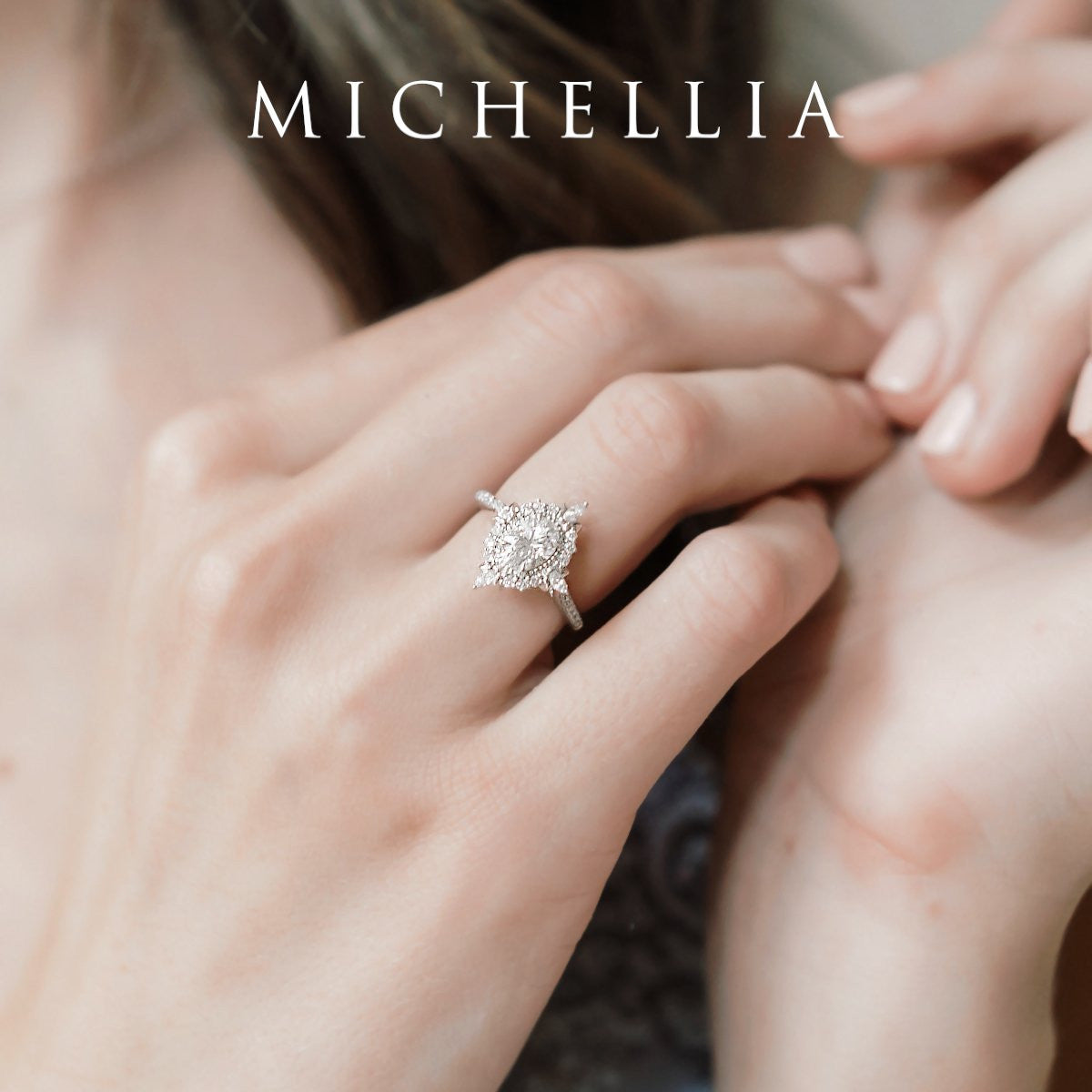[Alessandra] Art Deco Oval Cut Engagement Ring in Diamond / Moissanite