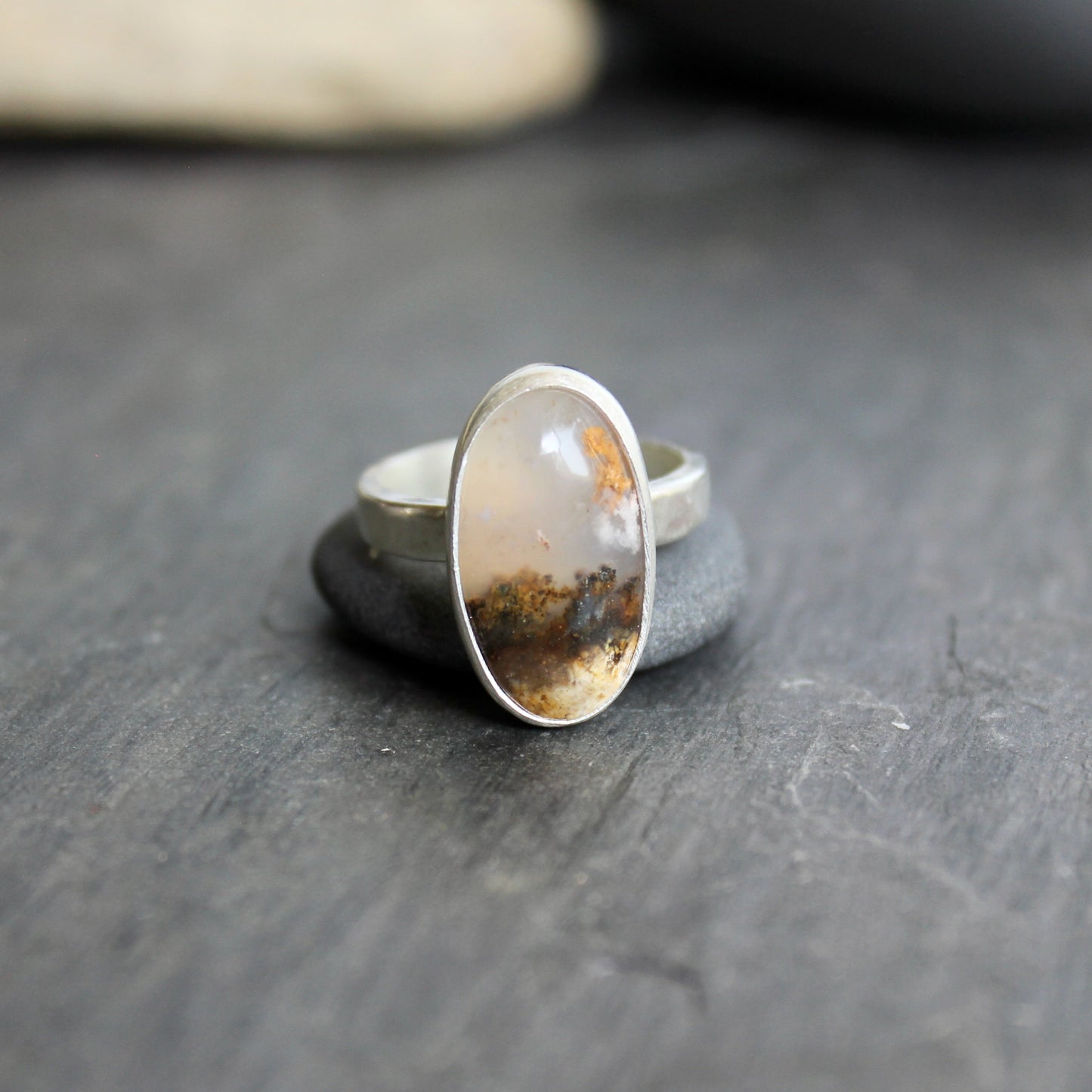 Graveyard Point Plume Agate Statement Ring Size 7 | Oregon Gemstone | Handmade Sterling Silver