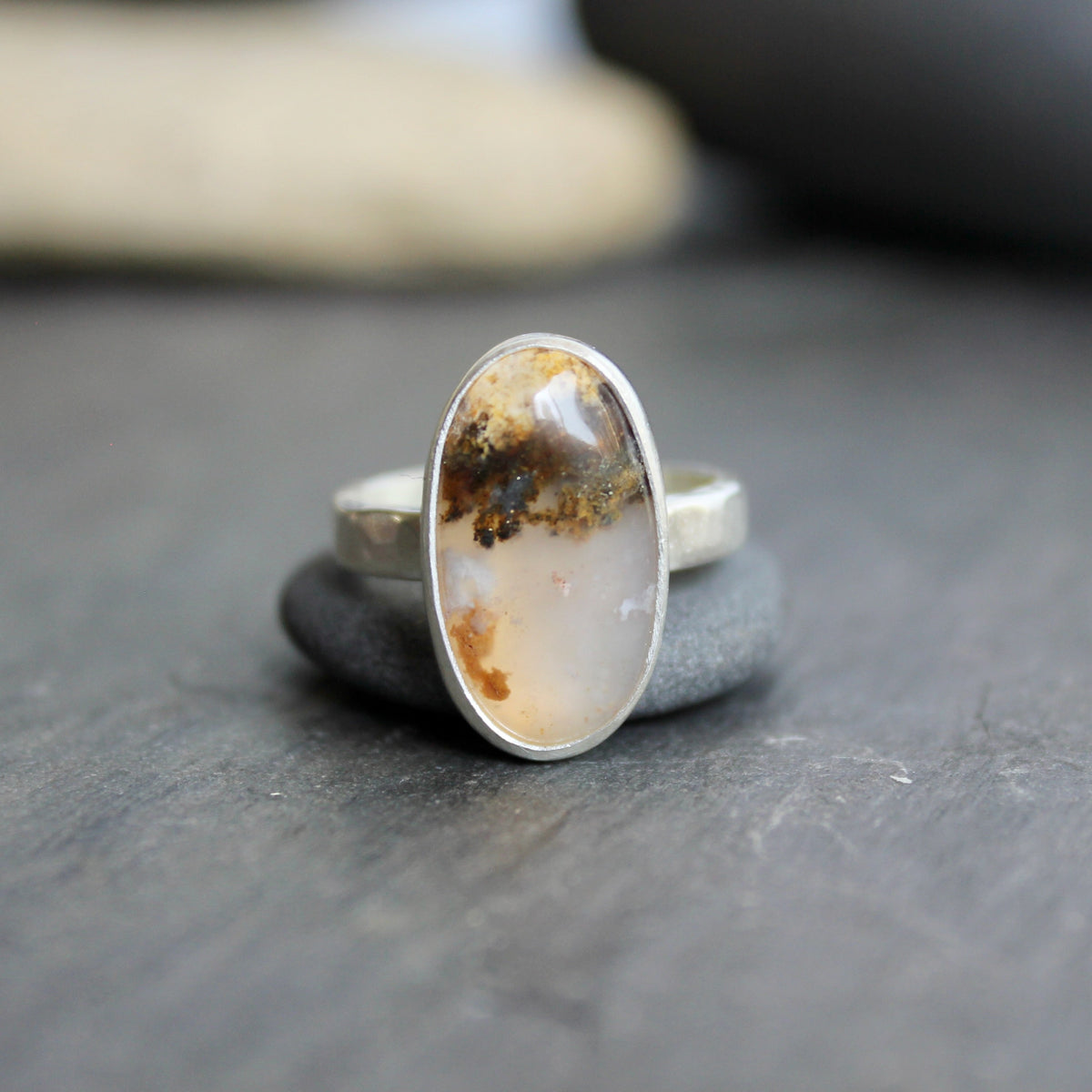 Graveyard Point Plume Agate Statement Ring Size 7 | Oregon Gemstone | Handmade Sterling Silver