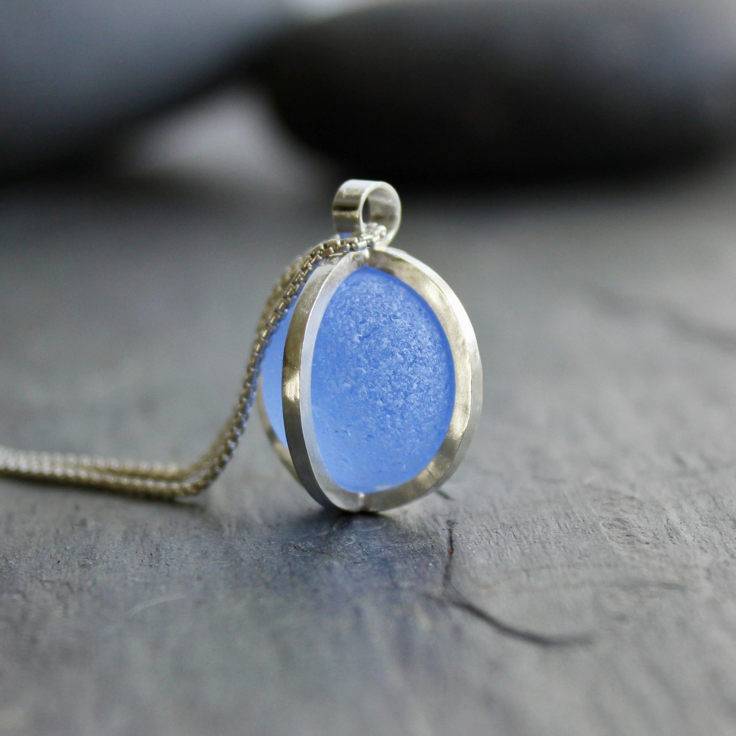 Cornflower Blue Caged Sea Glass Marble Necklace | Sterling Silver | Handmade
