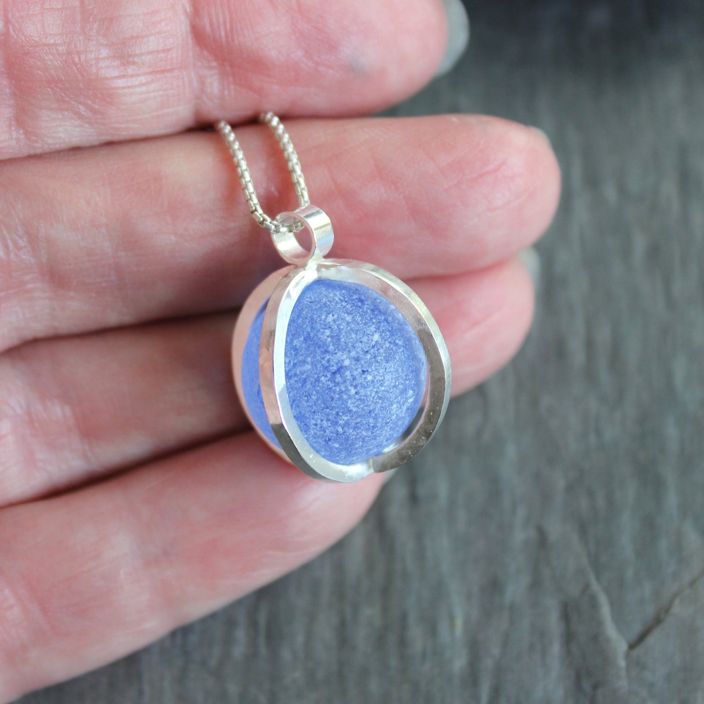 Cornflower Blue Caged Sea Glass Marble Necklace | Sterling Silver | Handmade