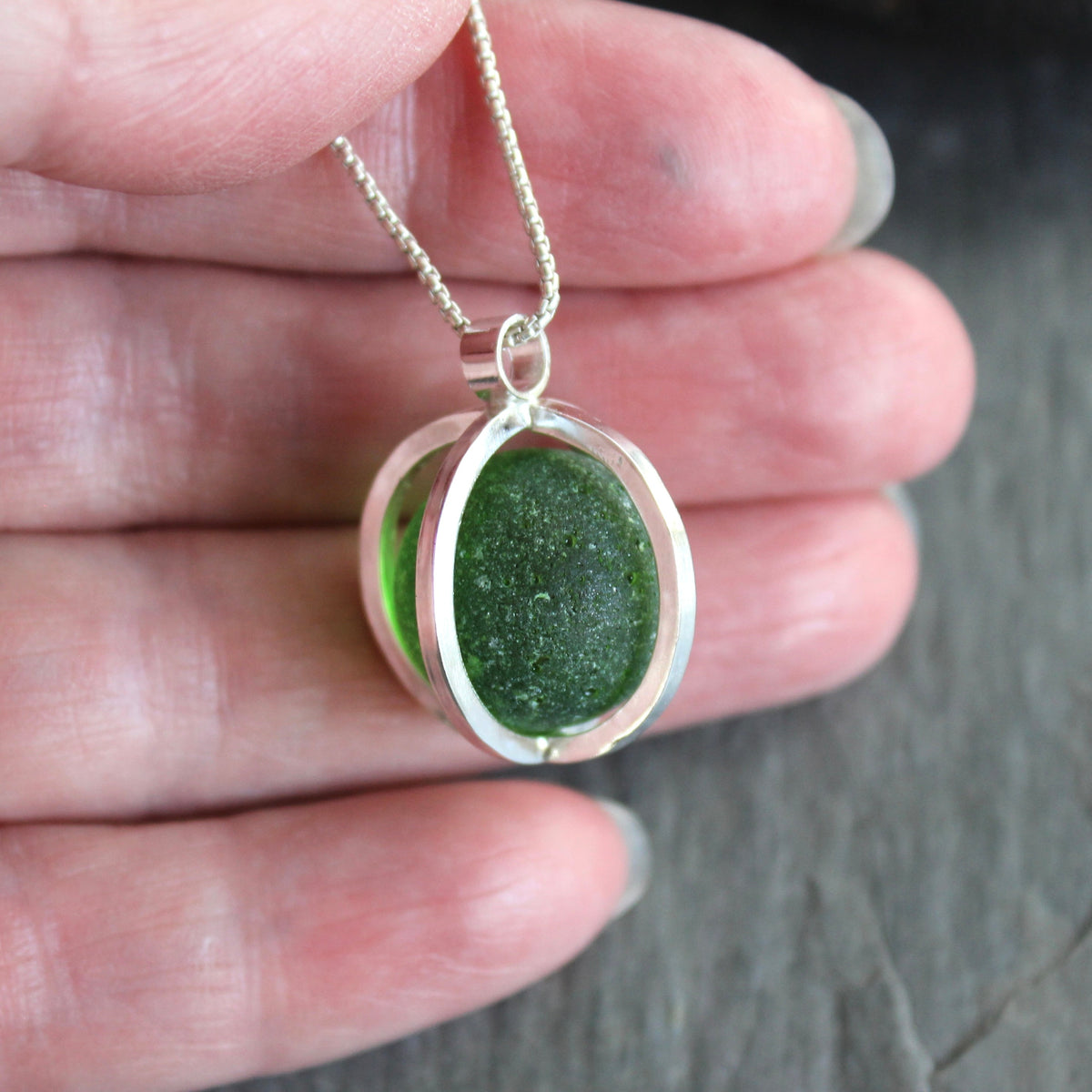 Green Blue Caged Sea Glass Marble Necklace | Sterling Silver | Handmade