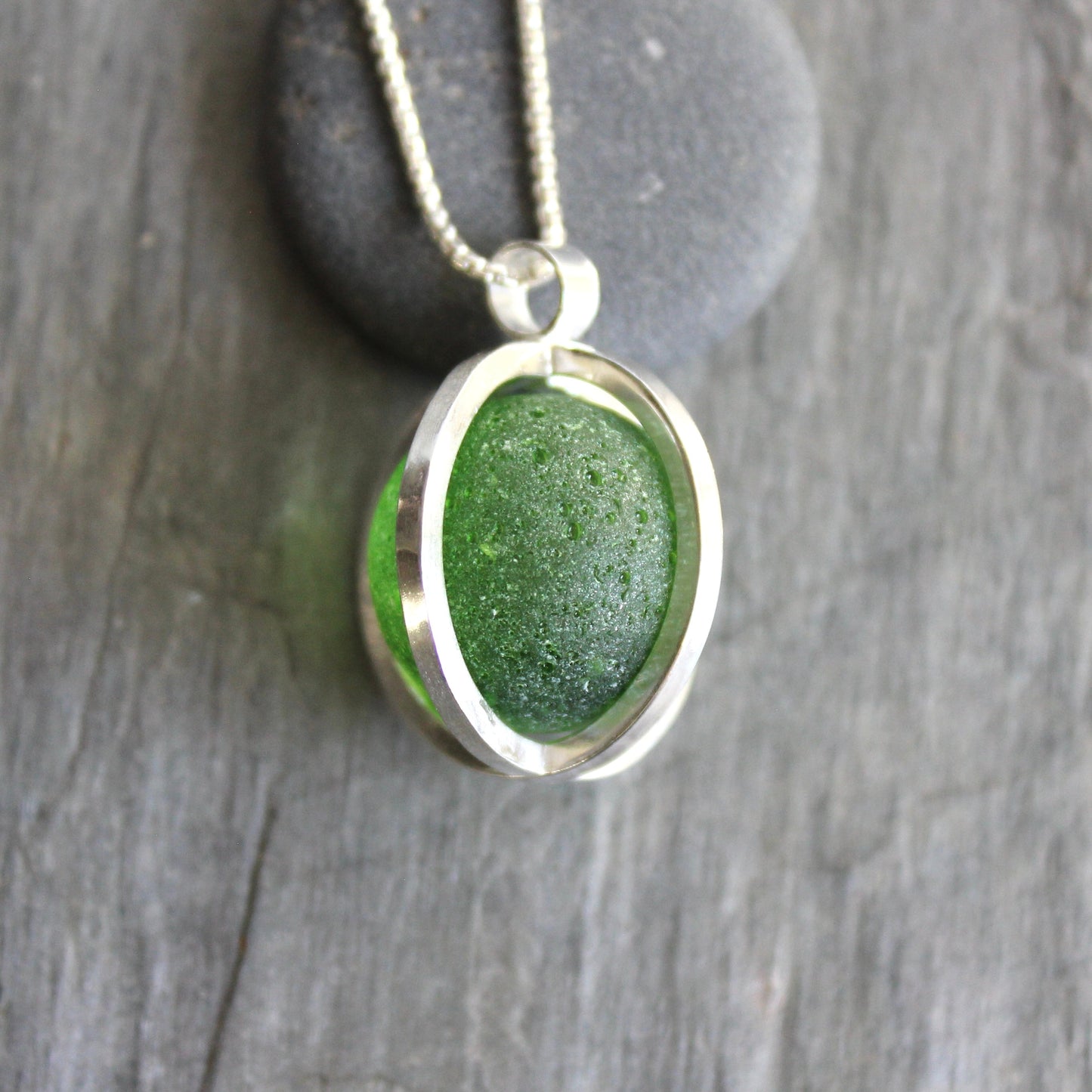 Green Blue Caged Sea Glass Marble Necklace | Sterling Silver | Handmade