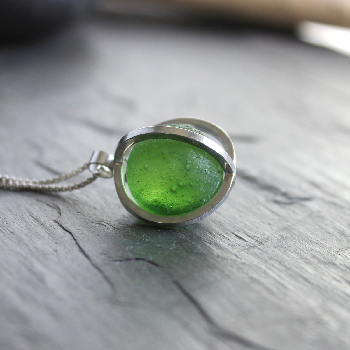 Green Blue Caged Sea Glass Marble Necklace | Sterling Silver | Handmade