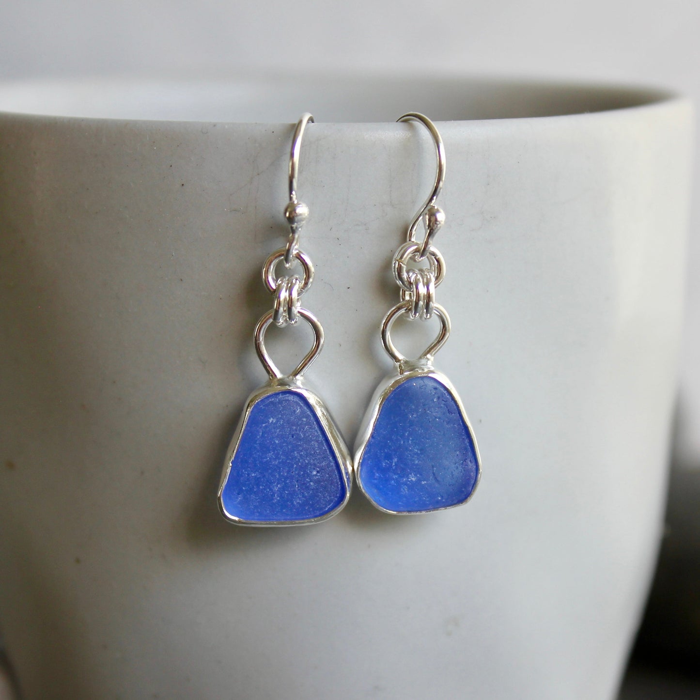 Cobalt Blue Dangly Sea Glass Earrings | Handmade | Sterling Silver