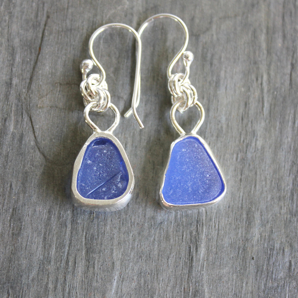 Cobalt Blue Dangly Sea Glass Earrings | Handmade | Sterling Silver