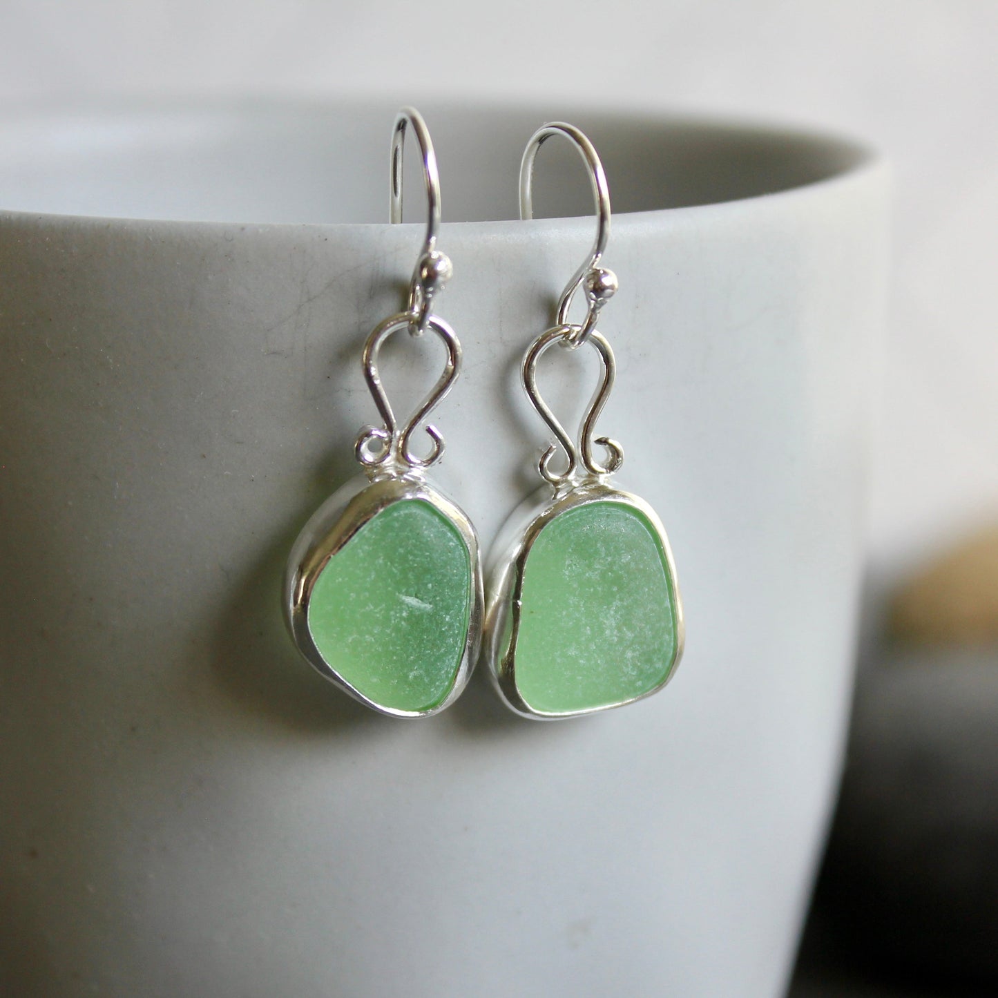 Sea Foam Mint Green Sea Glass Earrings | Handmade | Sterling Silver