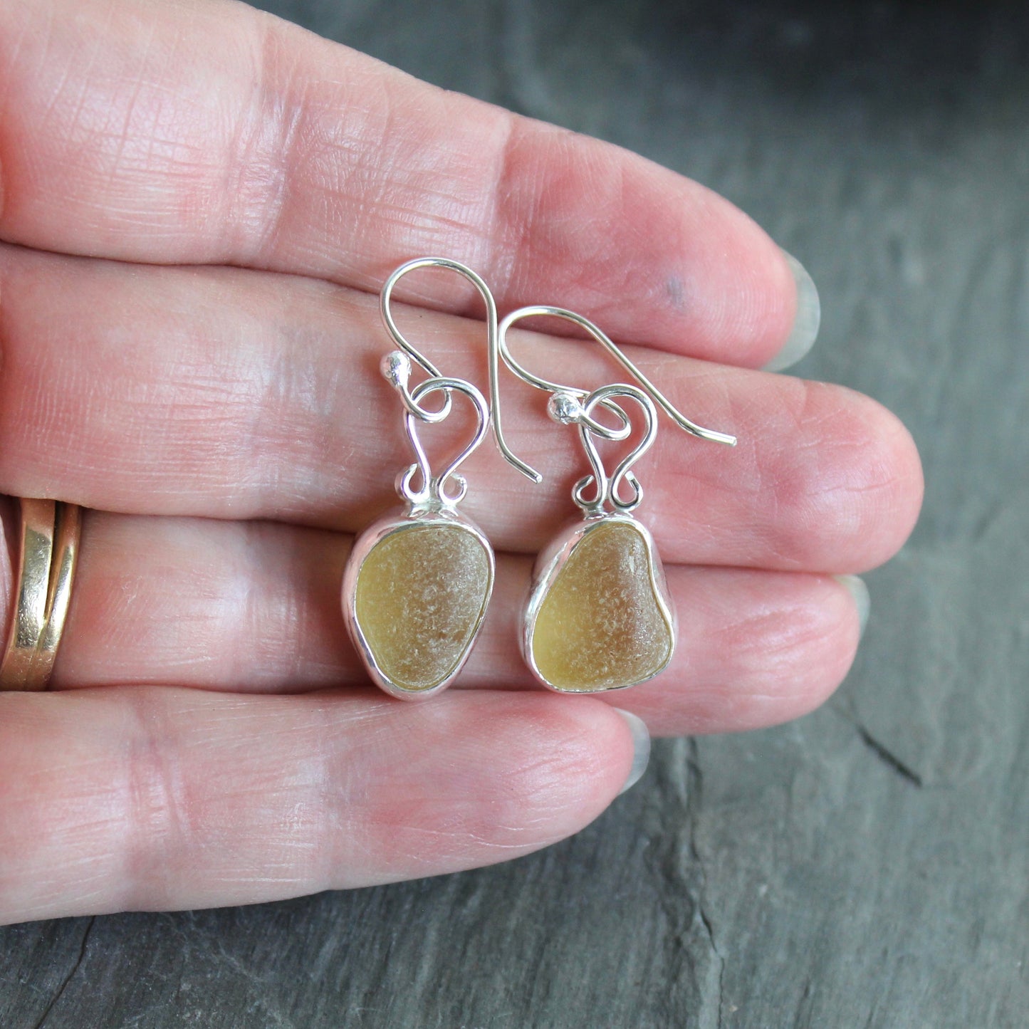Rare Yellow Dangly Sea Glass Earrings | Handmade | Sterling Silver