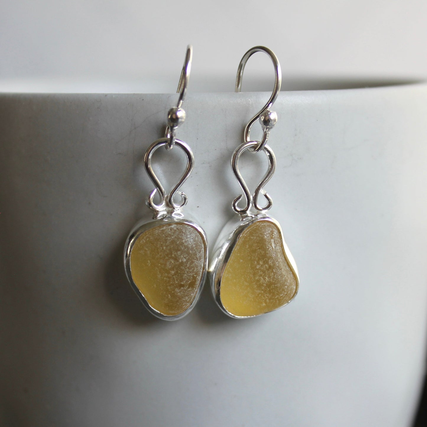 Rare Yellow Dangly Sea Glass Earrings | Handmade | Sterling Silver