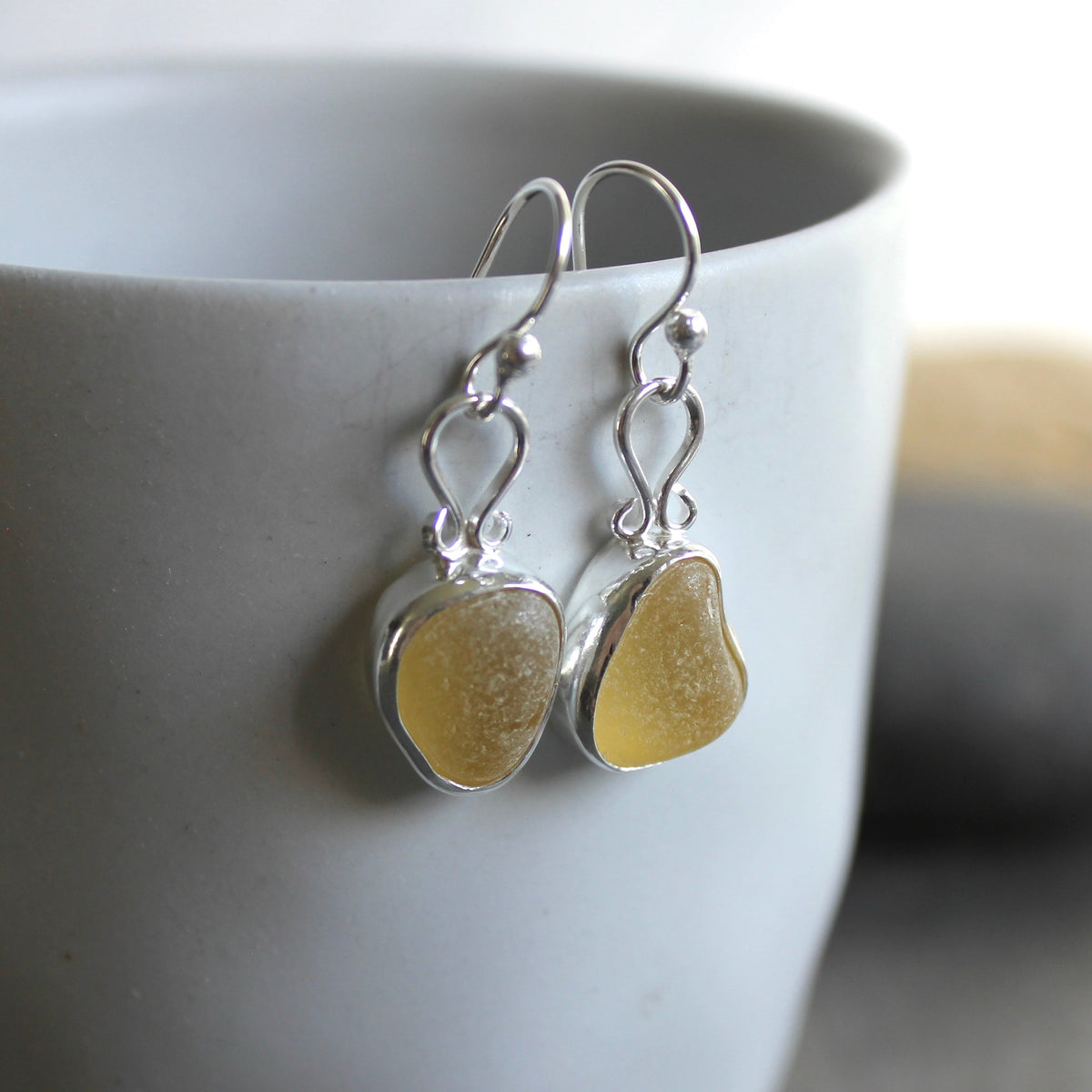Rare Yellow Dangly Sea Glass Earrings | Handmade | Sterling Silver