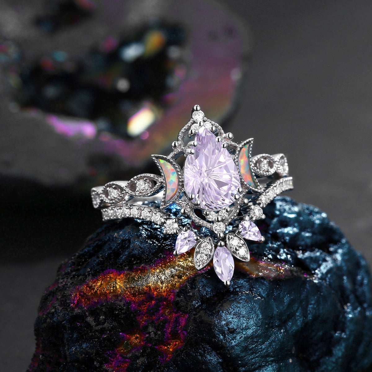 Crescent Moon | Firework Cut Pear Lab Lavender Sapphire 'Ultra Galaxy' Engagement Ring Set 2pcs