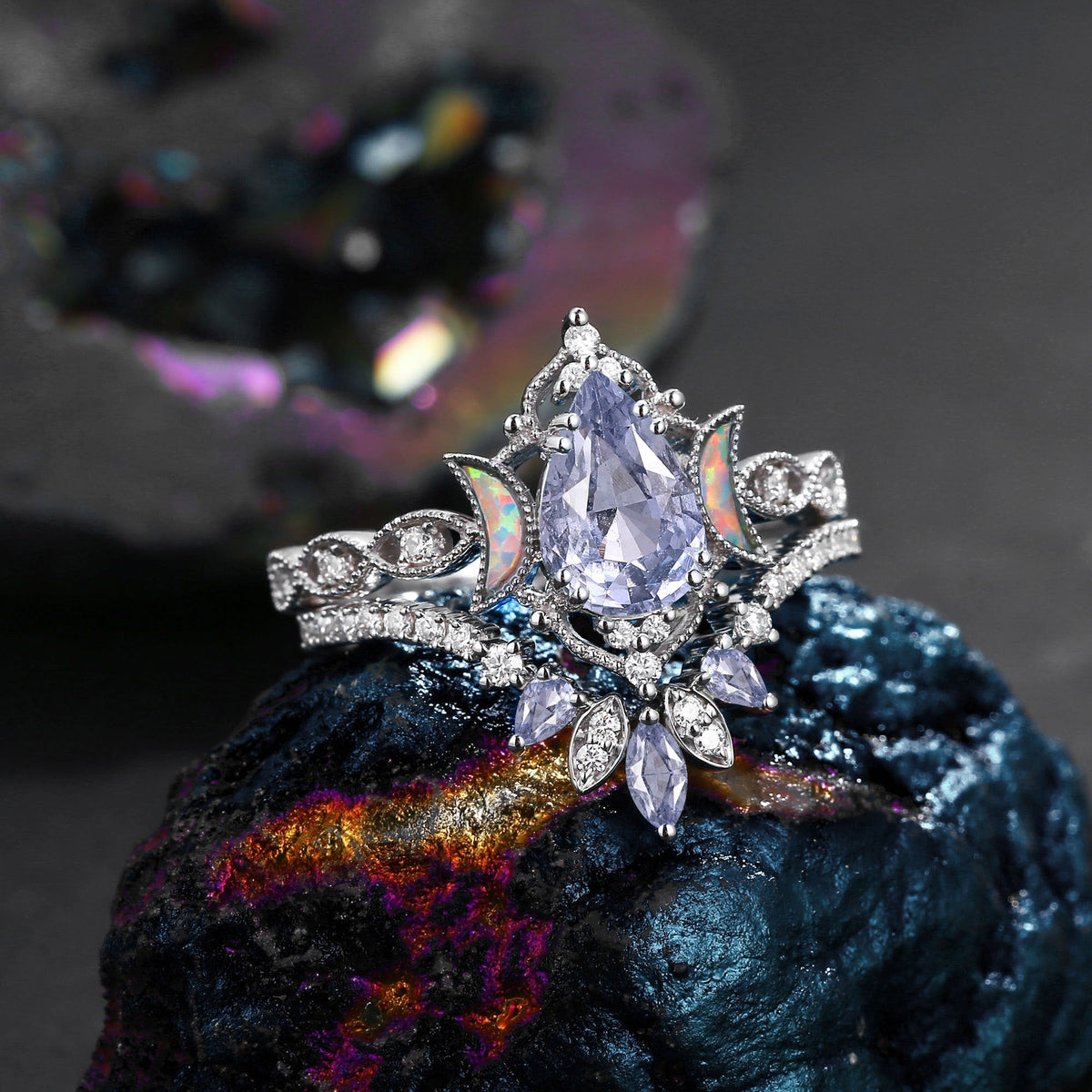 Crescent Moon | Pear Cut Natural Spinel 'Ultra Galaxy' Engagement Ring Set 2pcs