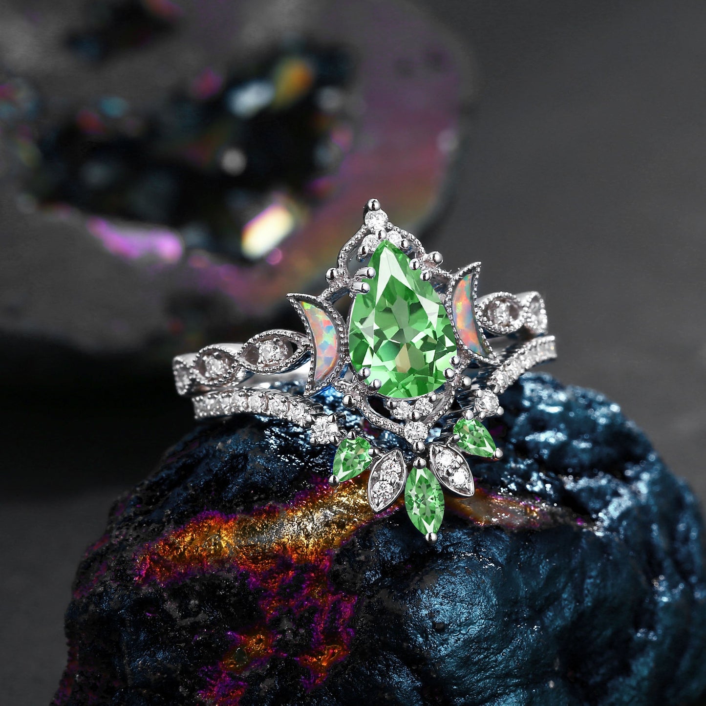 Crescent Moon | Pear Cut Lab Tsavorite 'Ultra Galaxy' Engagement Ring Set 2pcs
