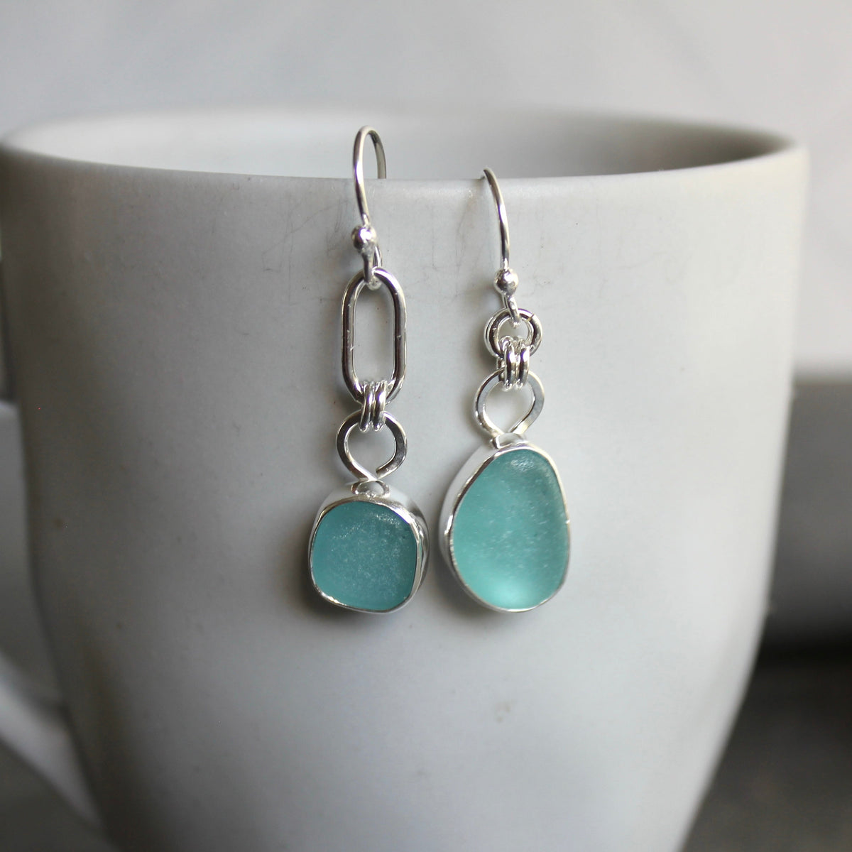 Mismatched Turquoise Blue Sea Glass Earrings | Handmade | Sterling Silver
