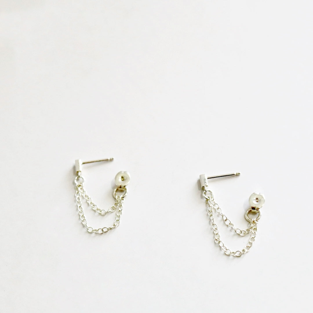 Bar Stud with Double Chain Drop in Sterling Silver