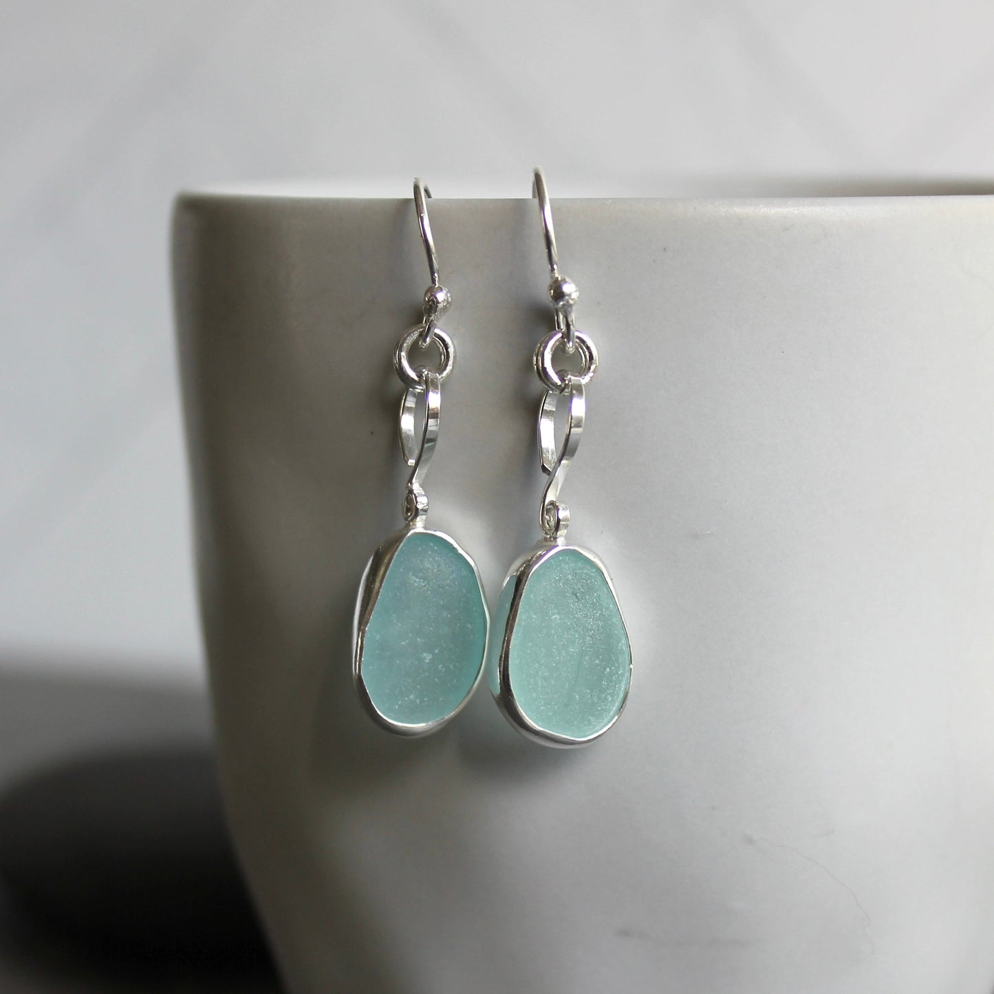 Pale Blue Dangly Sea Glass Earrings | Handmade | Sterling Silver