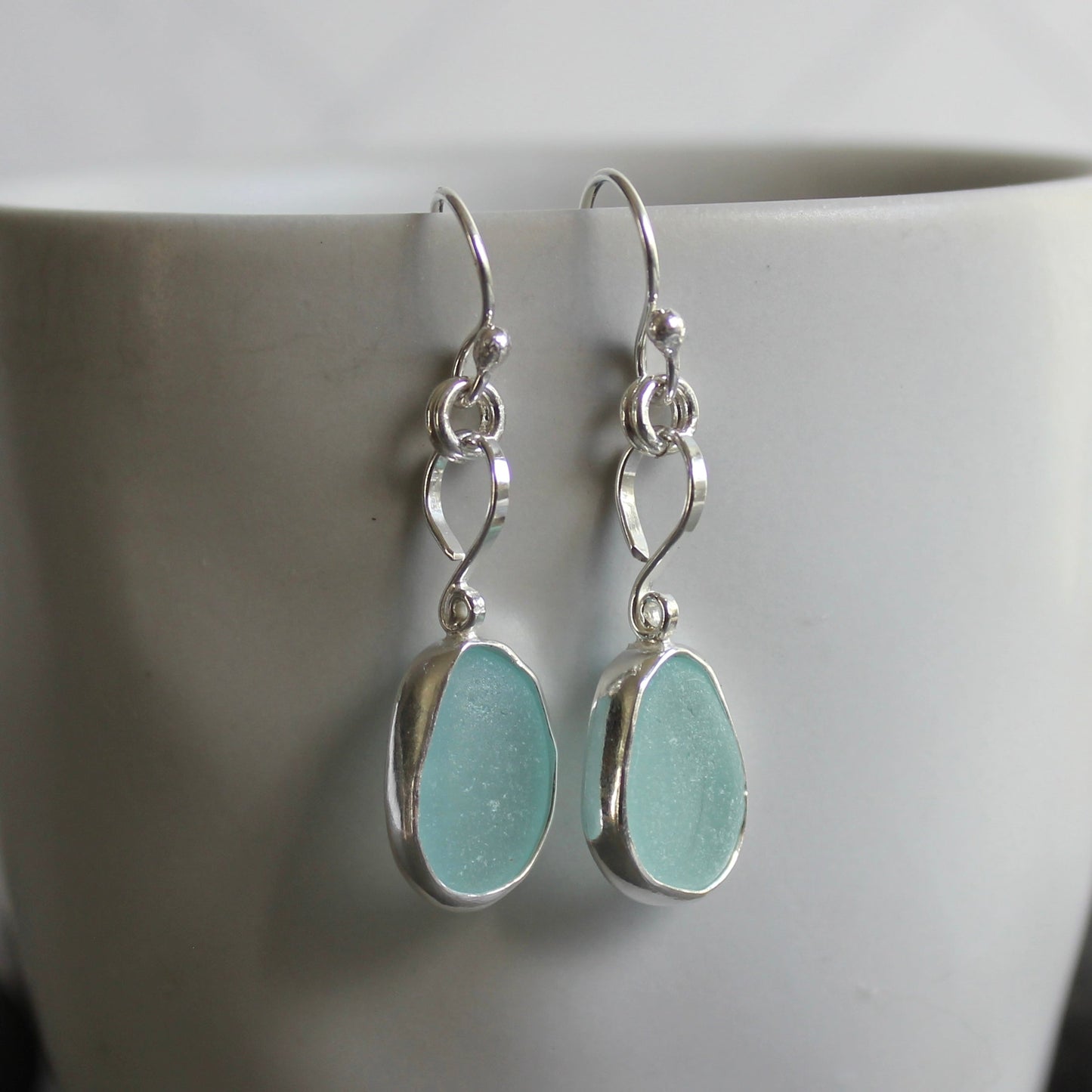 Pale Blue Dangly Sea Glass Earrings | Handmade | Sterling Silver