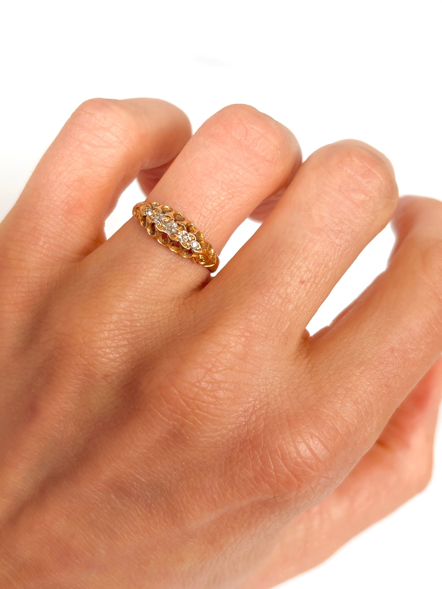 Antique, Edwardian, 18ct Gold, Old Mine Cut, Diamond 5 Stone Ring, Hallmarked, 18ct Gold,  Chester, 1901