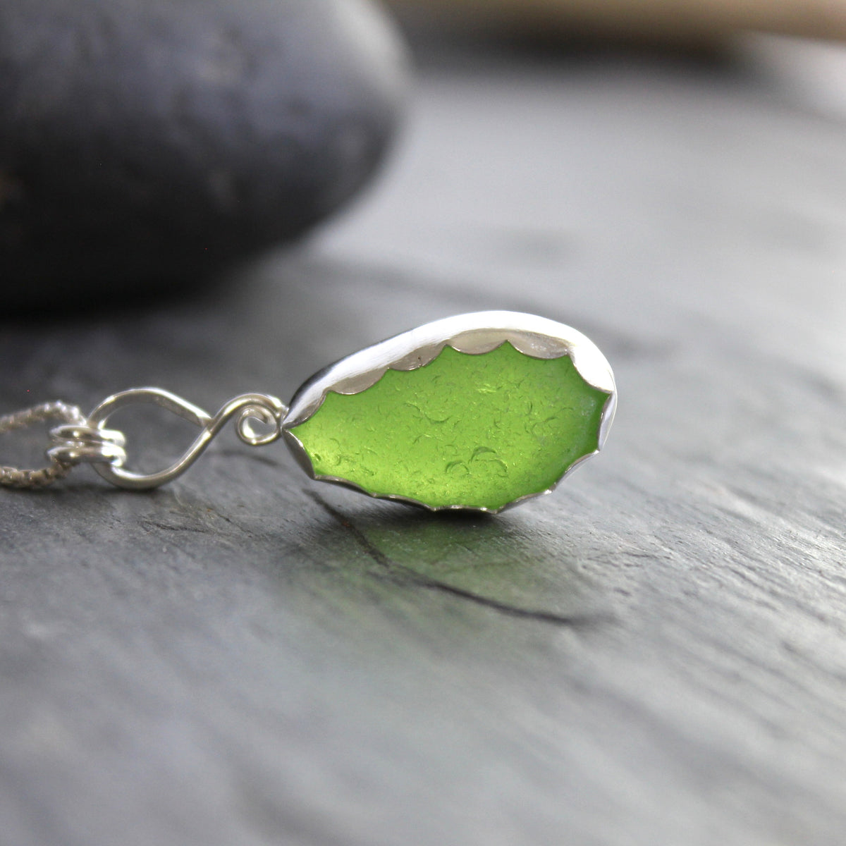 Bright Green Sea Glass Necklace | Sterling Silver | Handmade