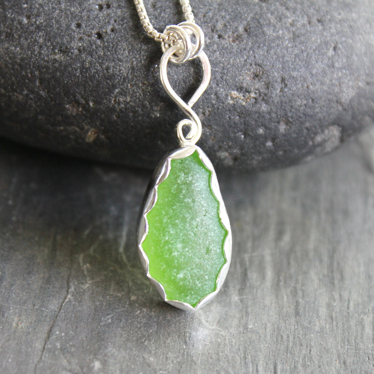 Bright Green Sea Glass Necklace | Sterling Silver | Handmade