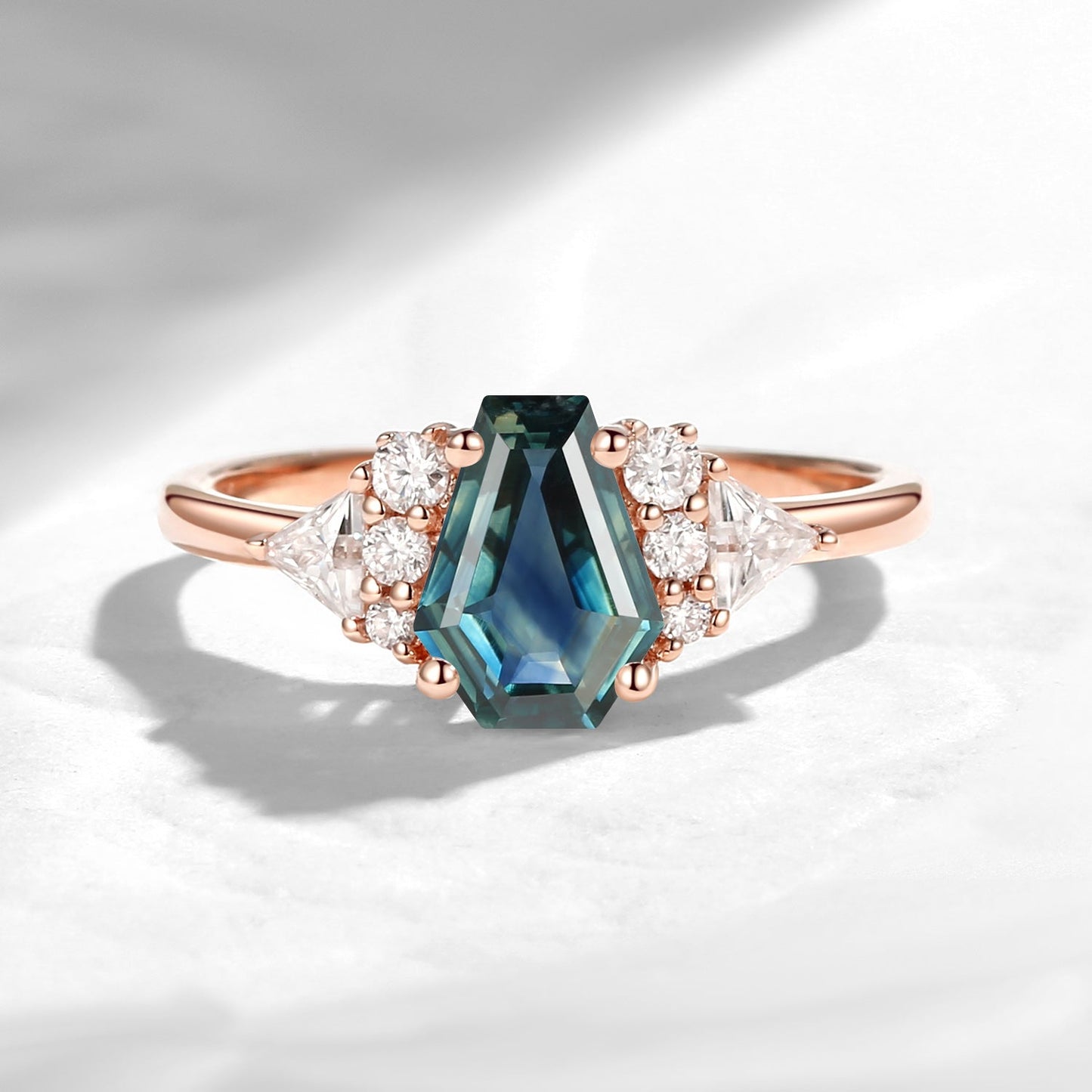 Classic Coffin Shaped Natural Teal Sapphire Engagement Ring with Diamond Accents