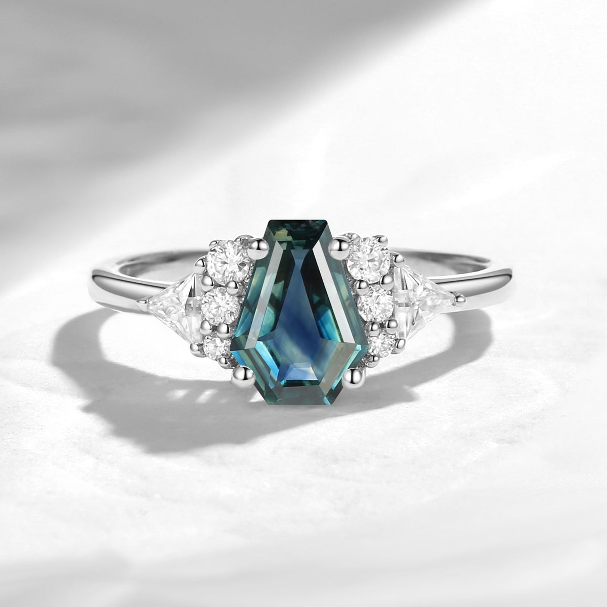Classic Coffin Shaped Natural Teal Sapphire Engagement Ring with Diamond Accents