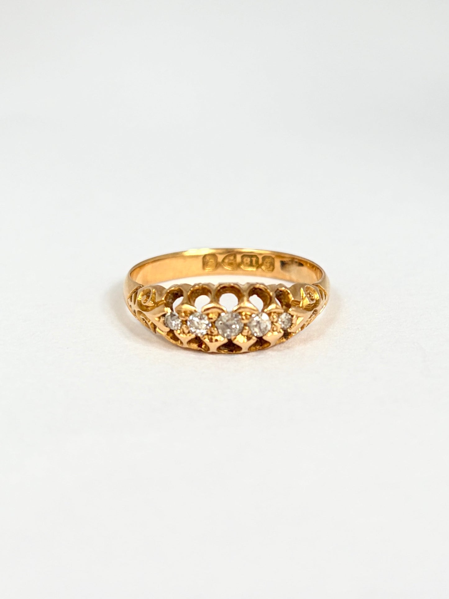 Antique, Edwardian, 18ct Gold, Old Mine Cut, Diamond 5 Stone Ring, Hallmarked, 18ct Gold,  Chester, 1901