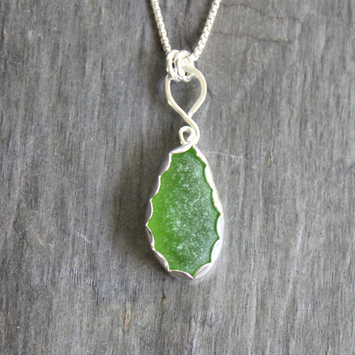 Bright Green Sea Glass Necklace | Sterling Silver | Handmade