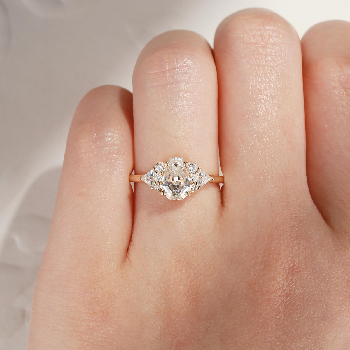 Classic Coffin Shaped Moissanite Geometric Cluster Engagement Ring
