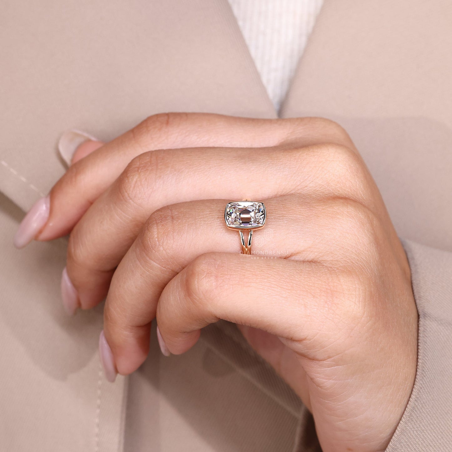Cushion Old Mine Bezel Set Diamond Ring with Split Shank Band