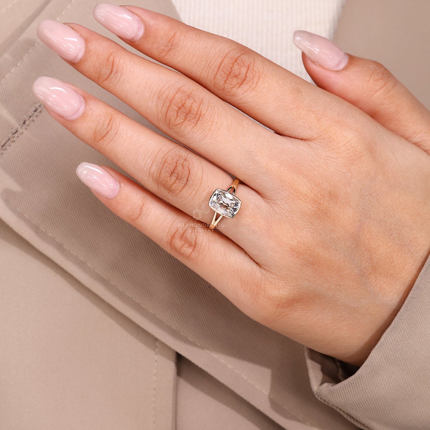 Cushion Old Mine Bezel Set Diamond Ring with Split Shank Band