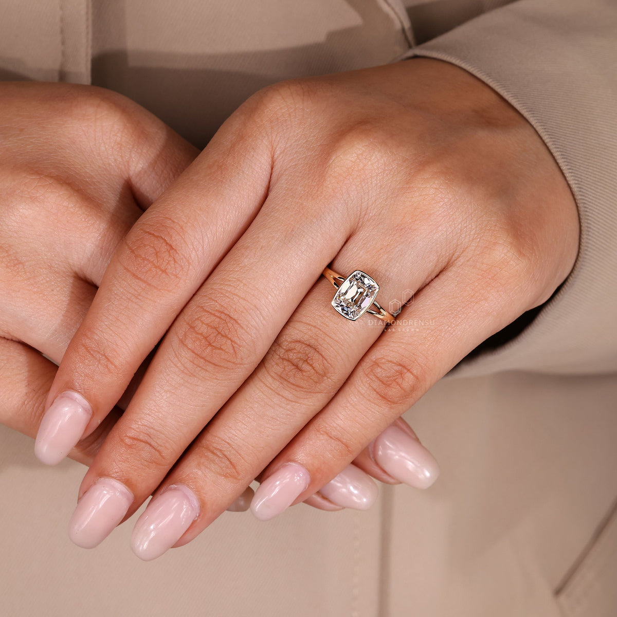Cushion Old Mine Bezel Set Diamond Ring with Split Shank Band