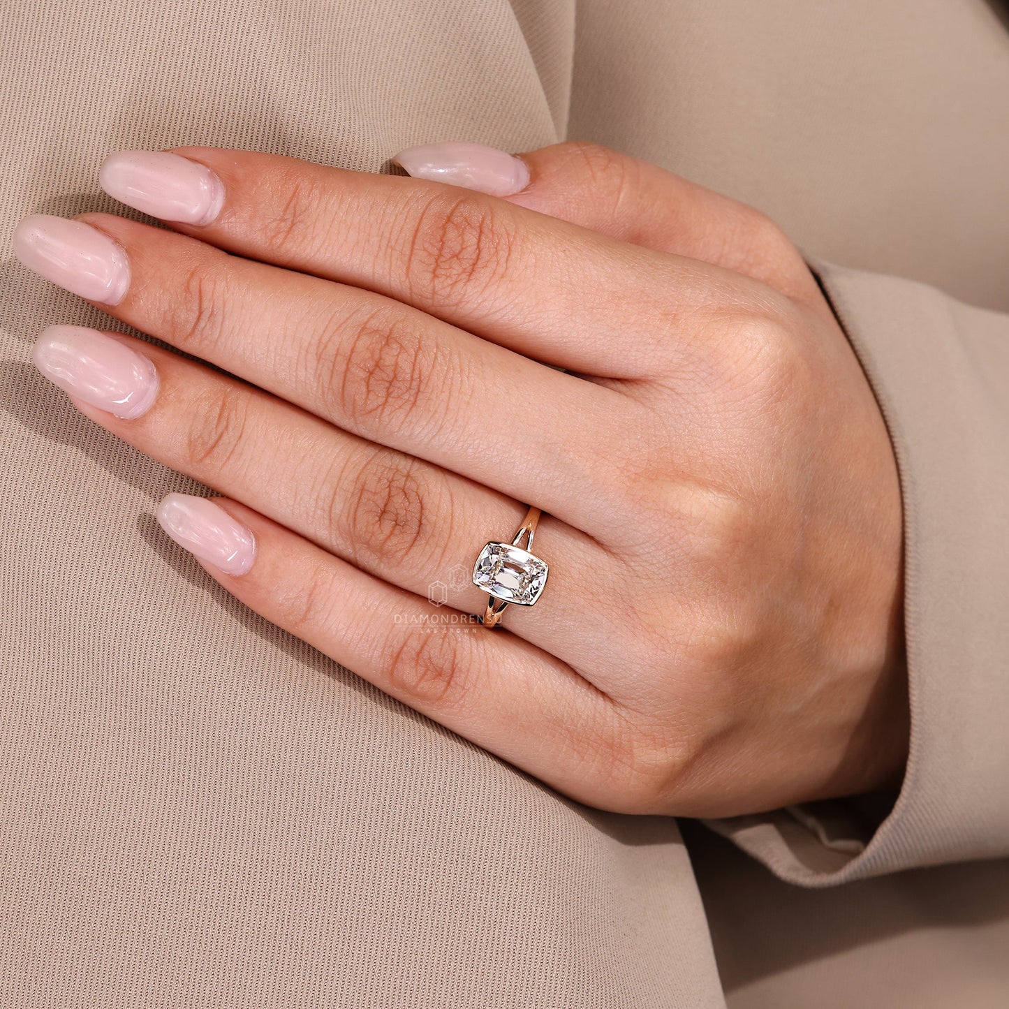 Cushion Old Mine Bezel Set Diamond Ring with Split Shank Band